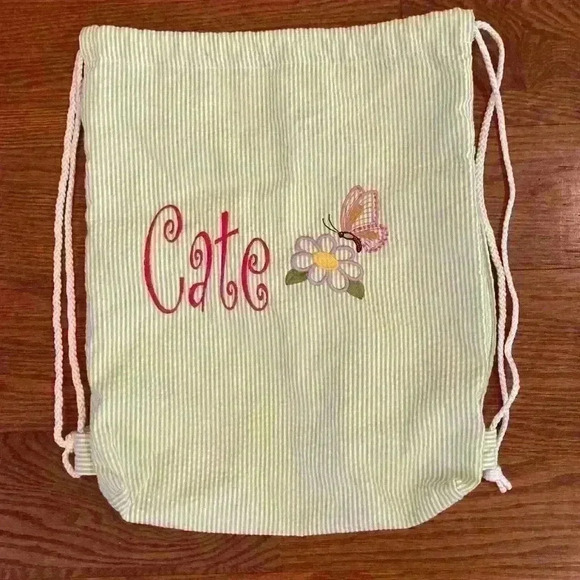 Sling Backpack Green Seersucker Monogrammed Cate butterflies - Picture 2 of 9